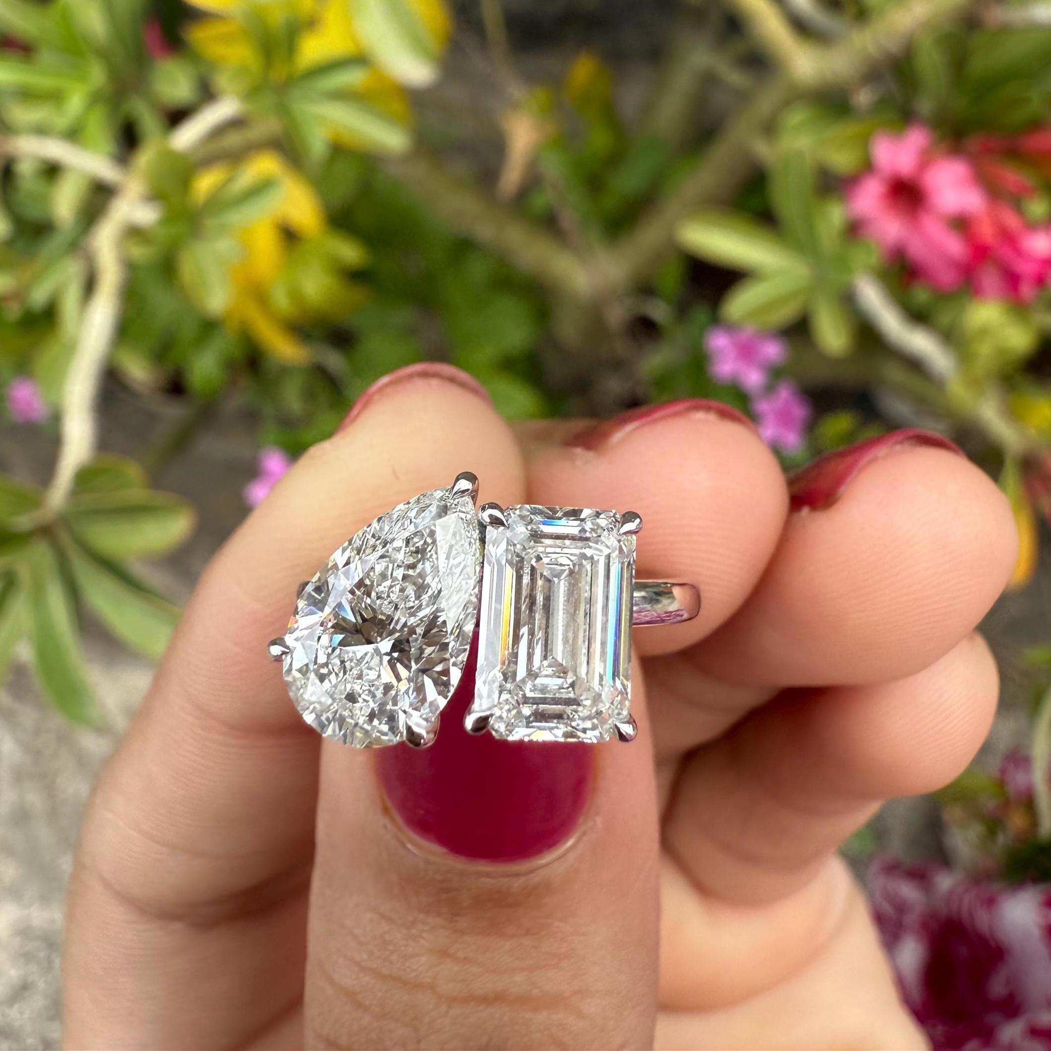 Lab Grown Diamond Toi et Moi Ring: 14K Gold Pear & Emerald Cut
