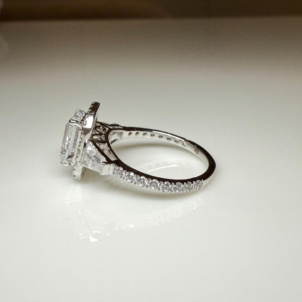 Emerald Cut Lab Grown Diamond Engagement Ring: 14K Gold Baguette Three Stone