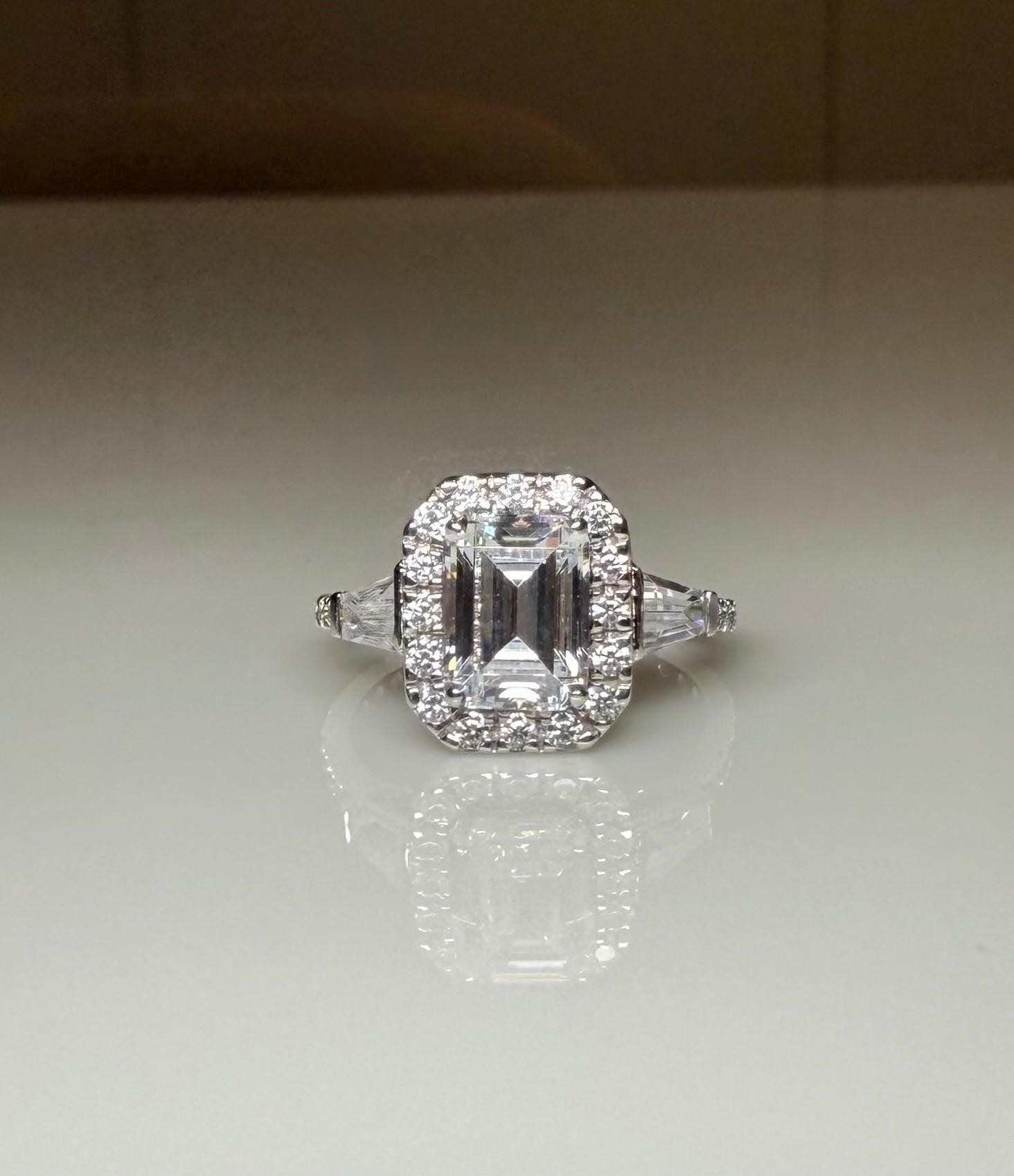 Emerald Cut Lab Grown Diamond Engagement Ring: 14K Gold Baguette Three Stone
