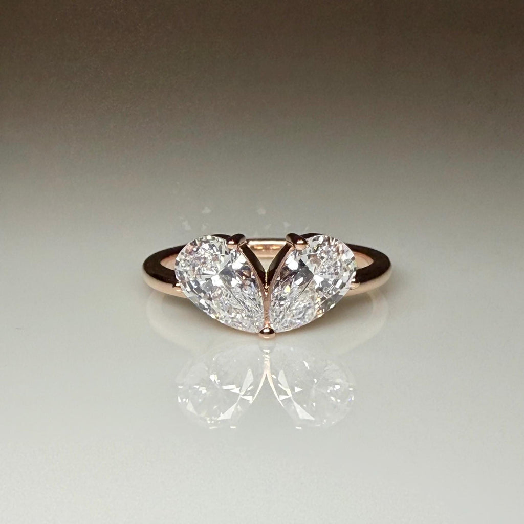 Lab Grown Diamond Toi et Moi Ring: 14K Gold Pear Cut Heart Engagement Ring