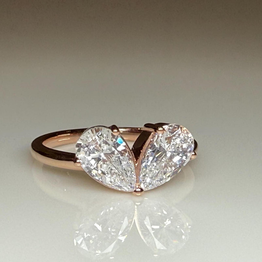 Lab Grown Diamond Toi et Moi Ring: 14K Gold Pear Cut Heart Engagement Ring