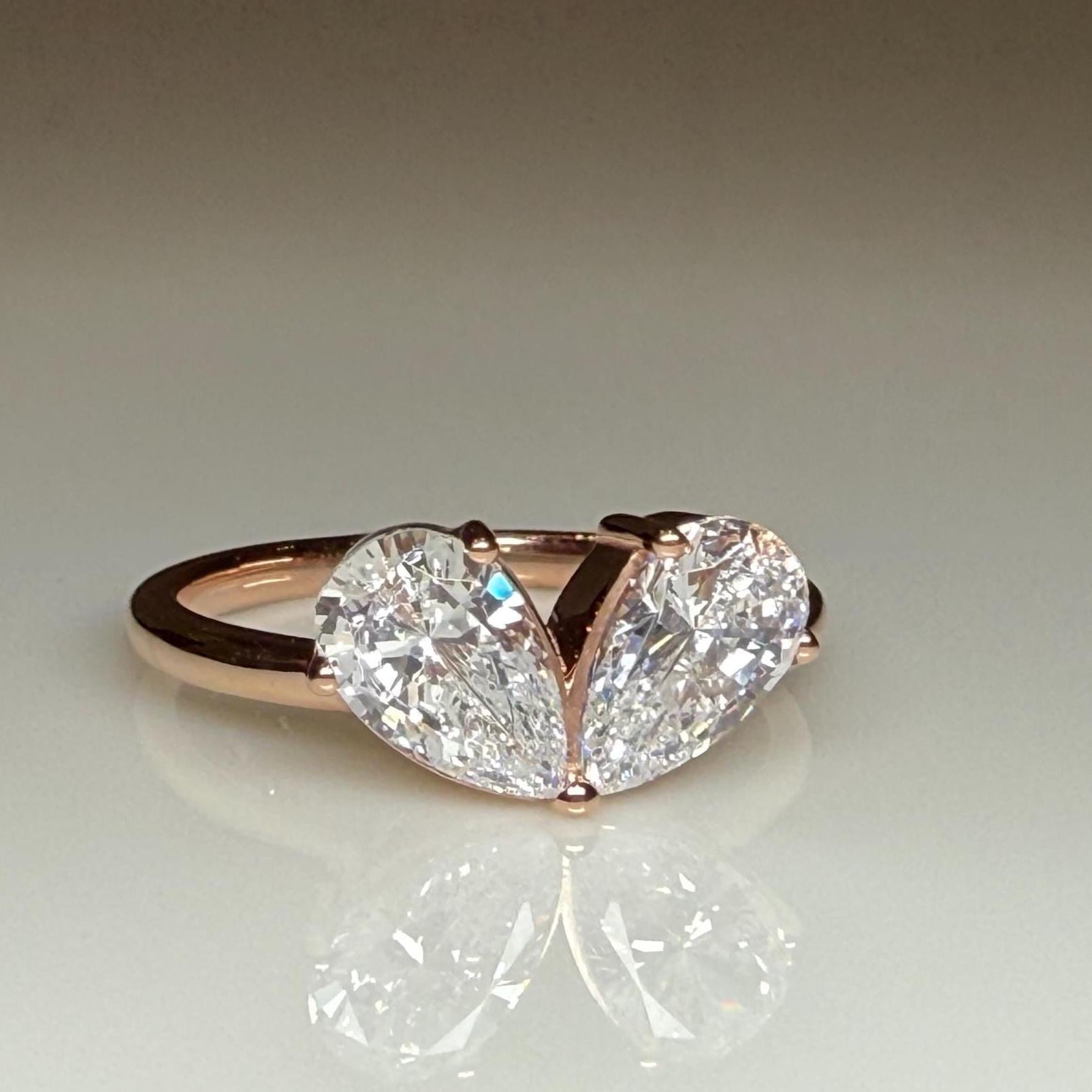 Lab Grown Diamond Toi et Moi Ring: 14K Gold Pear Cut Heart Engagement Ring