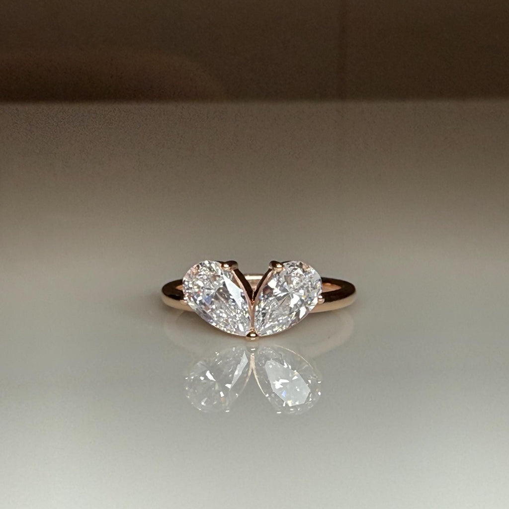 Lab Grown Diamond Toi et Moi Ring: 14K Gold Pear Cut Heart Engagement Ring