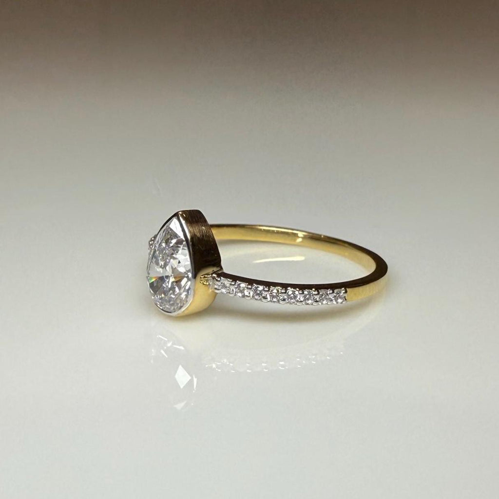 Pear Cut Lab Grown Diamond Engagement Ring: 14K Solid Gold Bezel Set Solitaire Ring