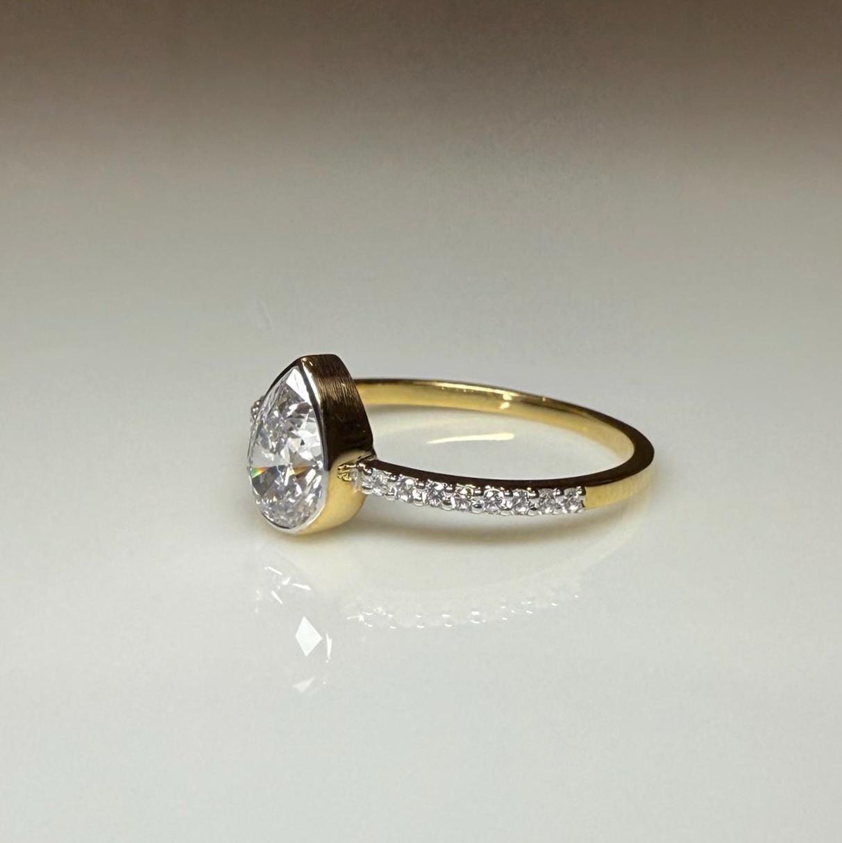 Pear Cut Lab Grown Diamond Engagement Ring: 14K Solid Gold Bezel Set Solitaire Ring