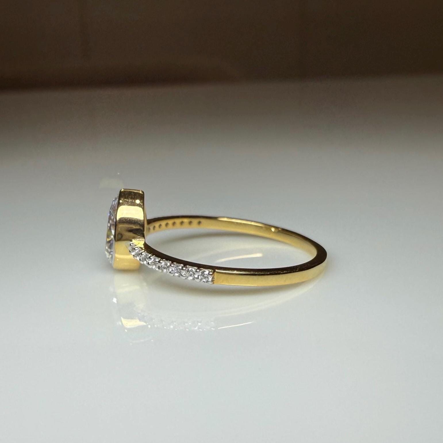 Pear Cut Lab Grown Diamond Engagement Ring: 14K Solid Gold Bezel Set Solitaire Ring
