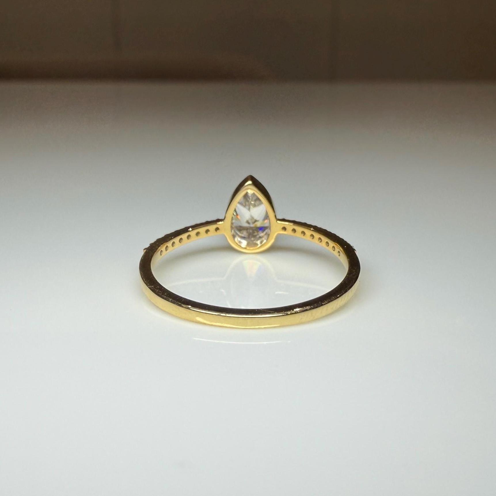 Pear Cut Lab Grown Diamond Engagement Ring: 14K Solid Gold Bezel Set Solitaire Ring