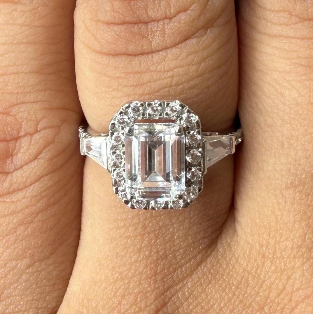 Emerald Cut Lab Grown Diamond Engagement Ring: 14K Gold Baguette Three Stone