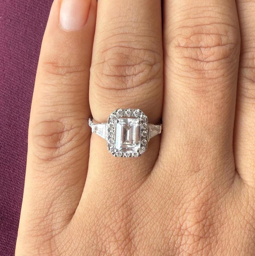 Emerald Cut Lab Grown Diamond Engagement Ring: 14K Gold Baguette Three Stone