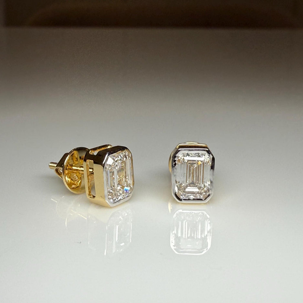2.00ctw Emerald Cut Lab Grown Diamond Studs: 14K Gold Bezel Earrings