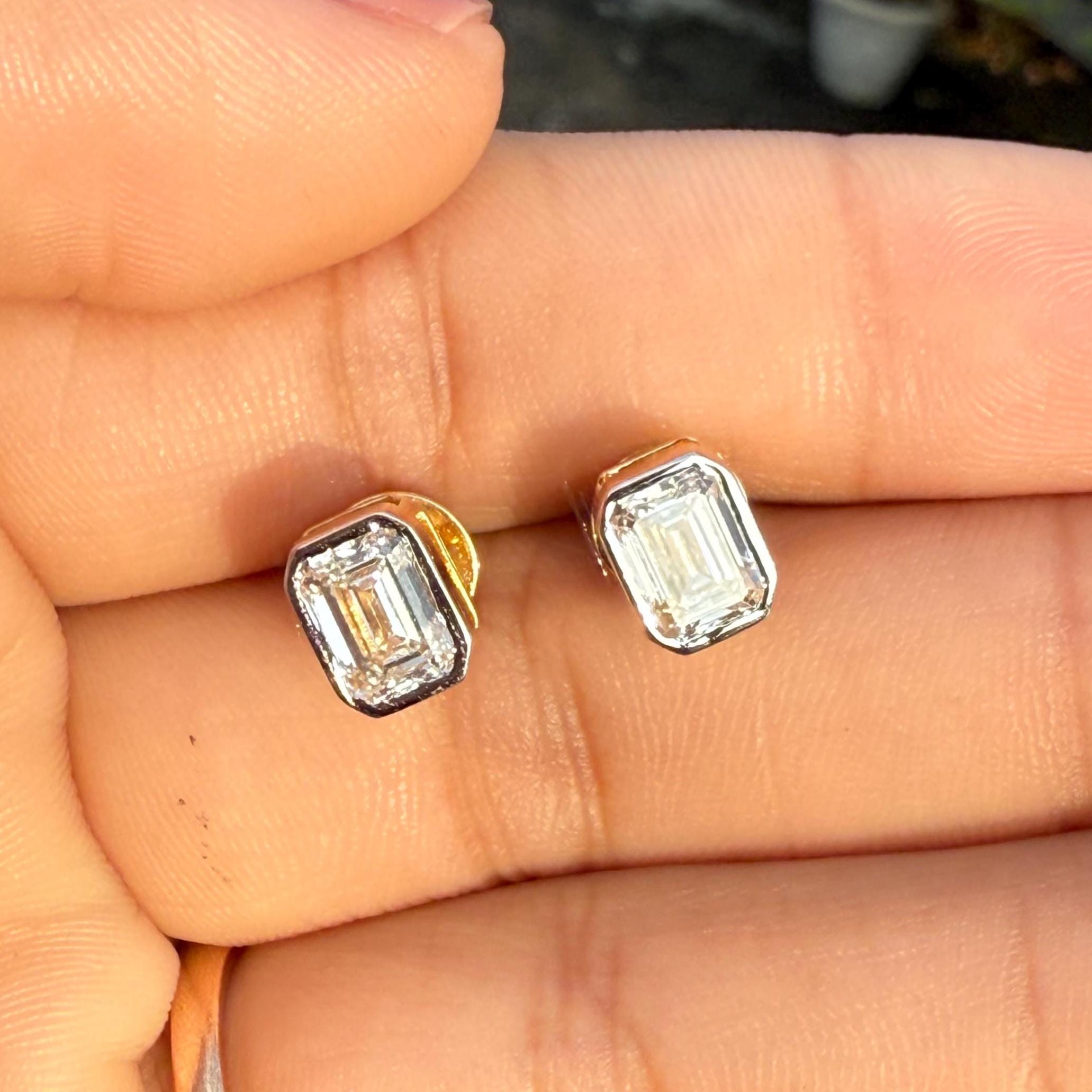 2.00ctw Emerald Cut Lab Grown Diamond Studs: 14K Gold Bezel Earrings