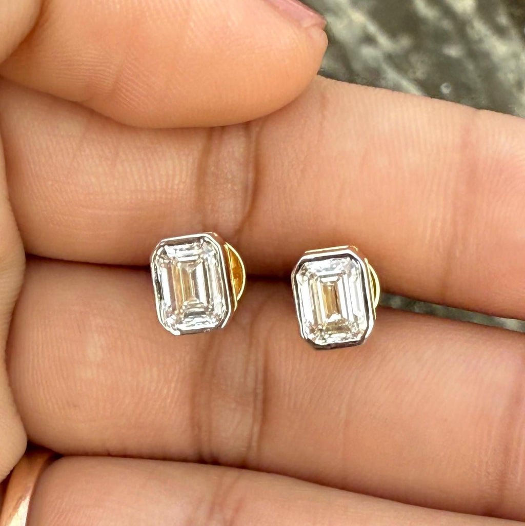 2.00ctw Emerald Cut Lab Grown Diamond Studs: 14K Gold Bezel Earrings