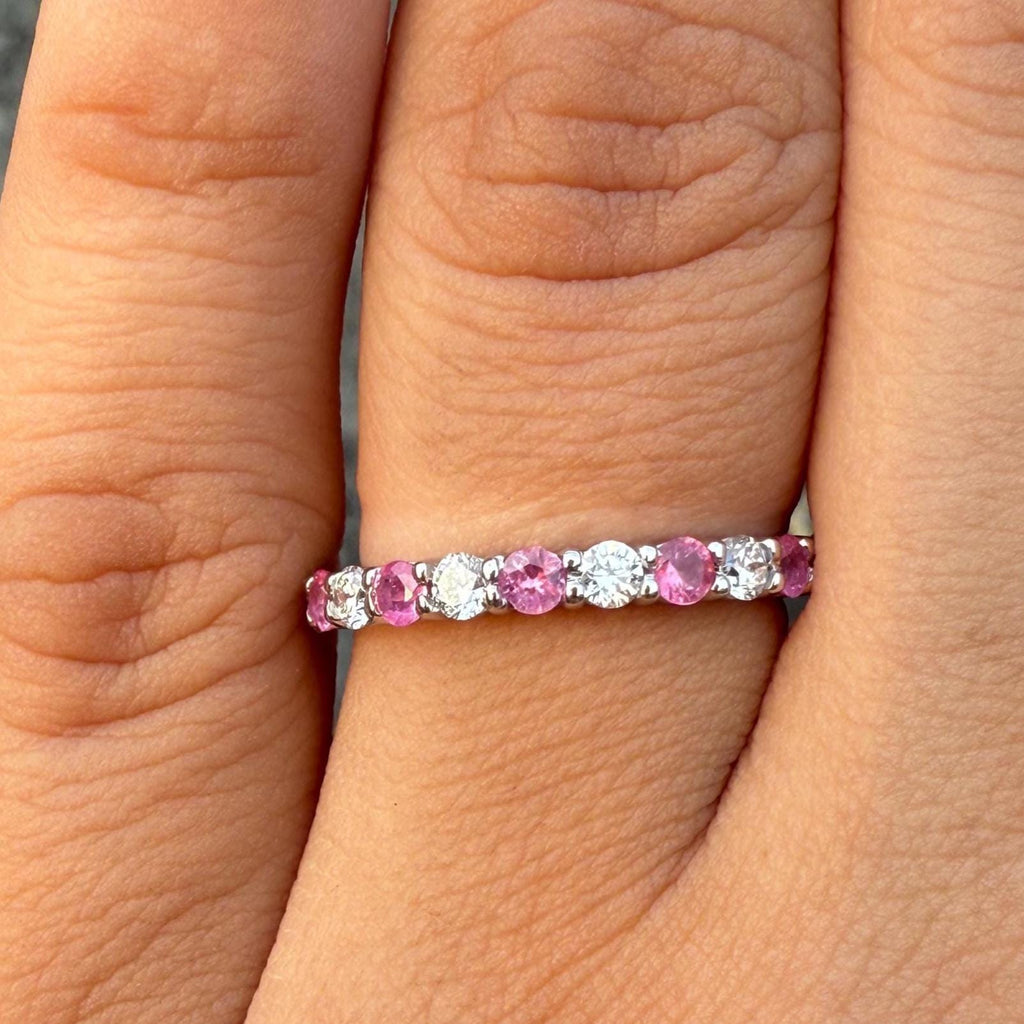 Lab Grown Diamond & Pink Sapphire Wedding Band - 14K Gold Eternity Ring