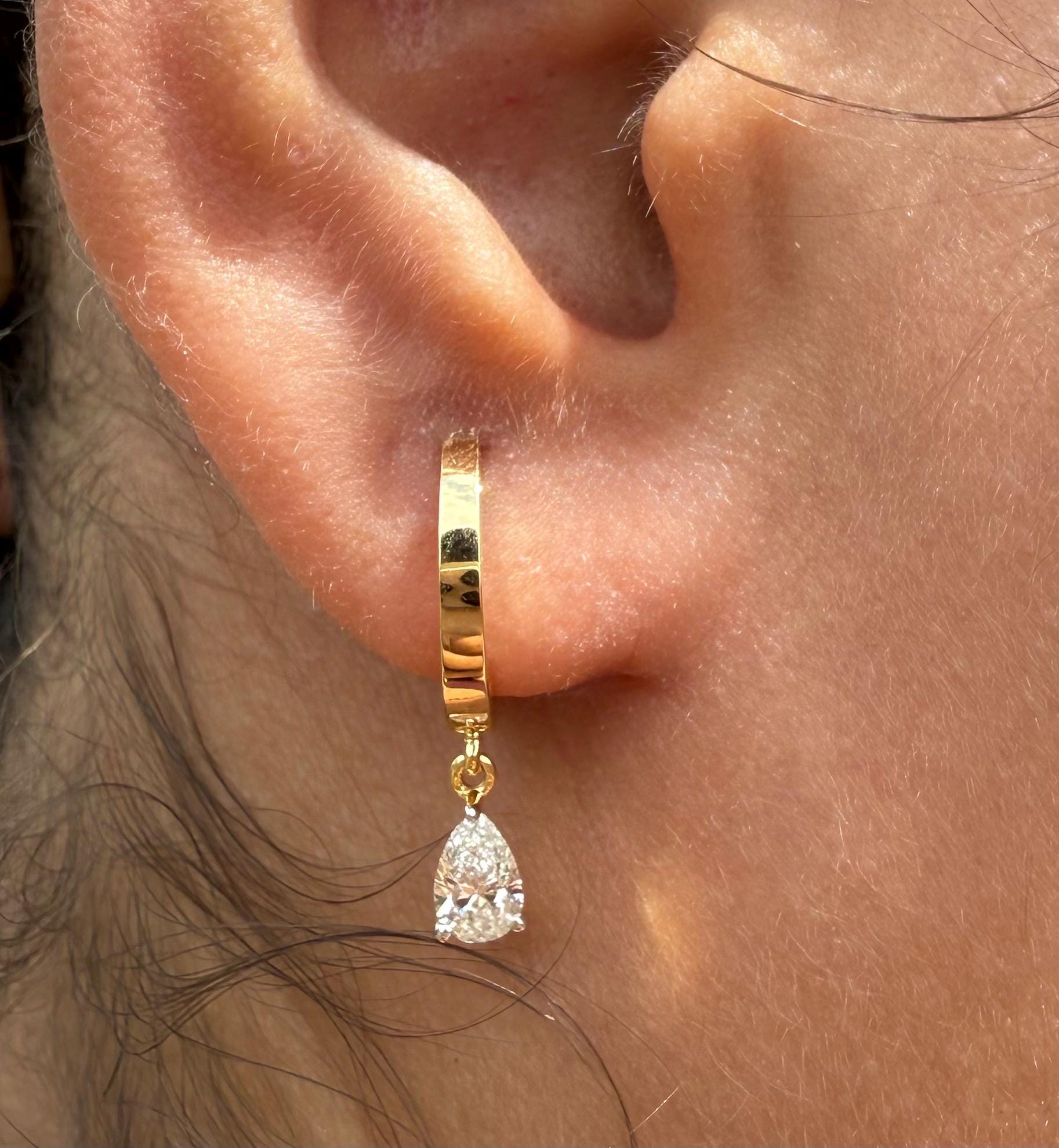 14K Gold Lab Grown Pear Diamond Huggie Earrings