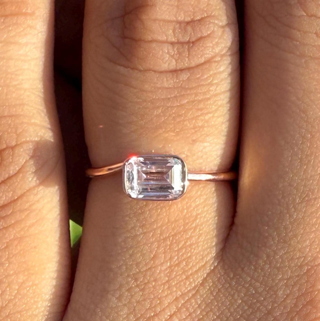 Emerald Cut Lab Grown Diamond Ring: 14K Gold Bezel Set Solitaire