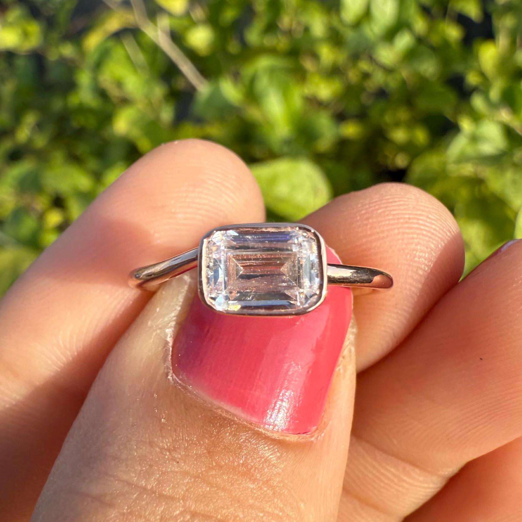Emerald Cut Lab Grown Diamond Ring: 14K Gold Bezel Set Solitaire