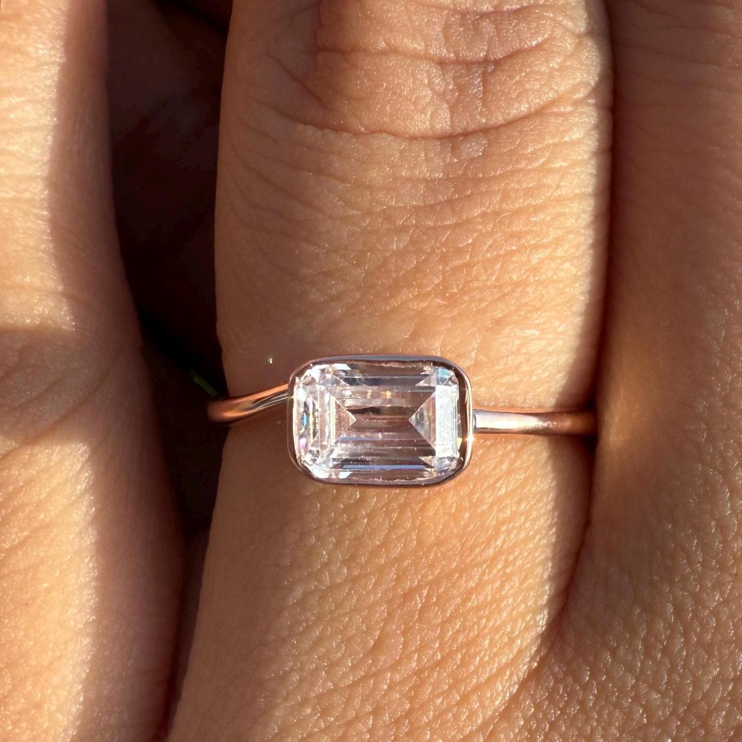 Emerald Cut Lab Grown Diamond Ring: 14K Gold Bezel Set Solitaire