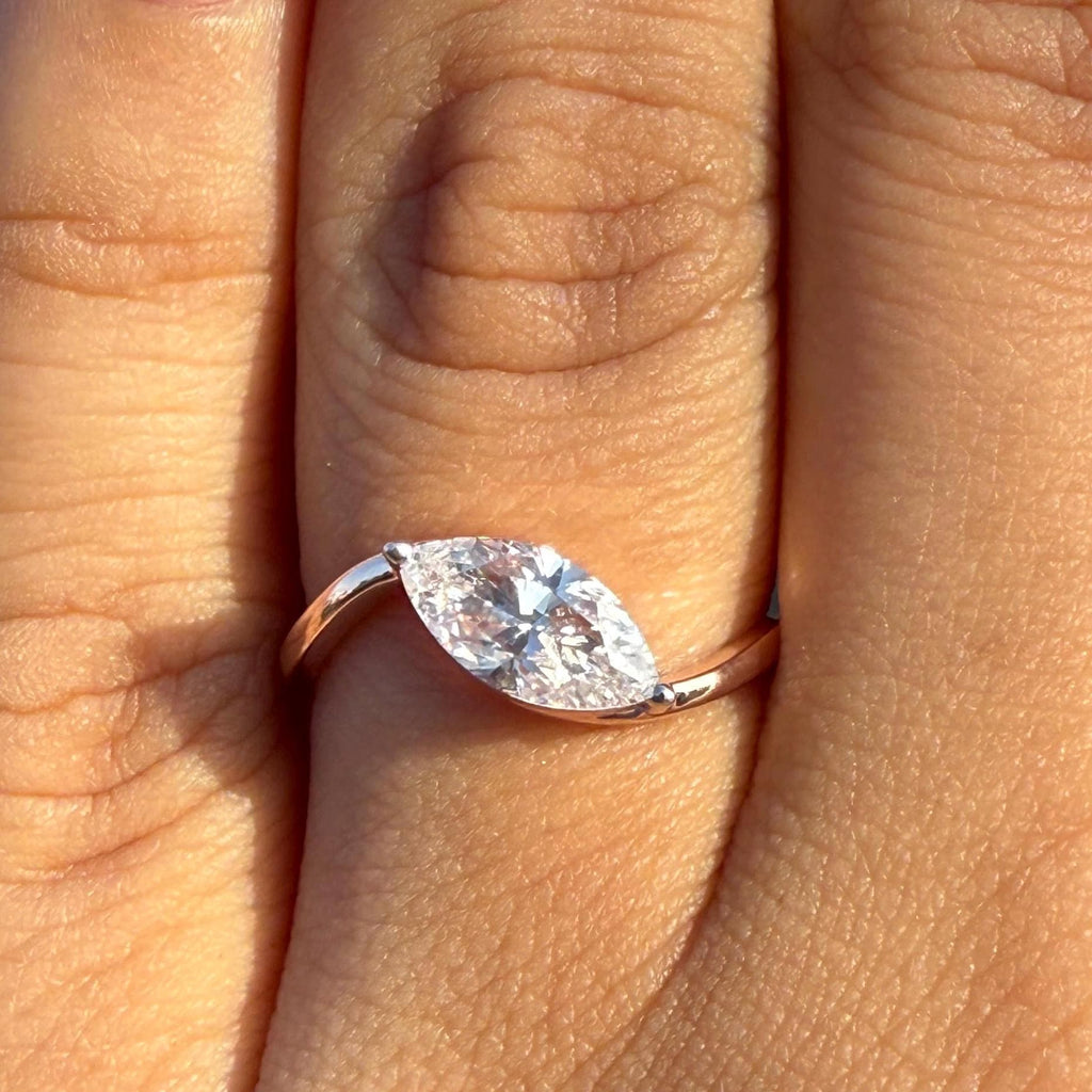 1CT Marquise Lab Grown Diamond Ring: 14K Gold Bypass Engagement Ring