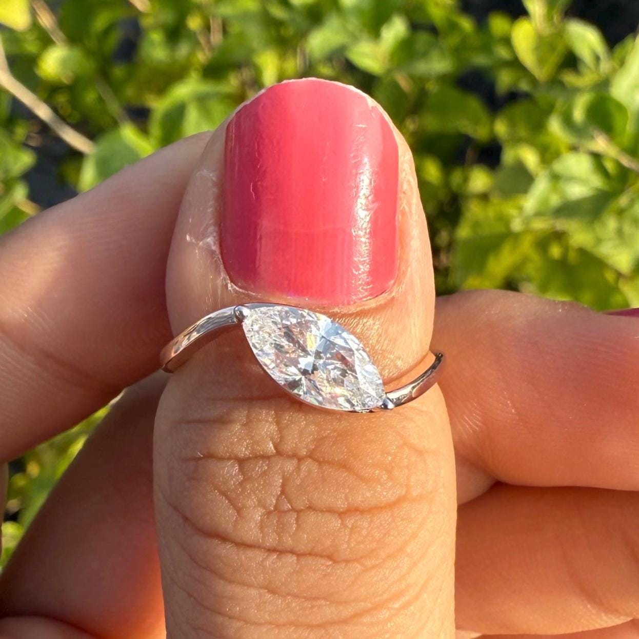 1CT Marquise Lab Grown Diamond Ring: 14K Gold Bypass Engagement Ring