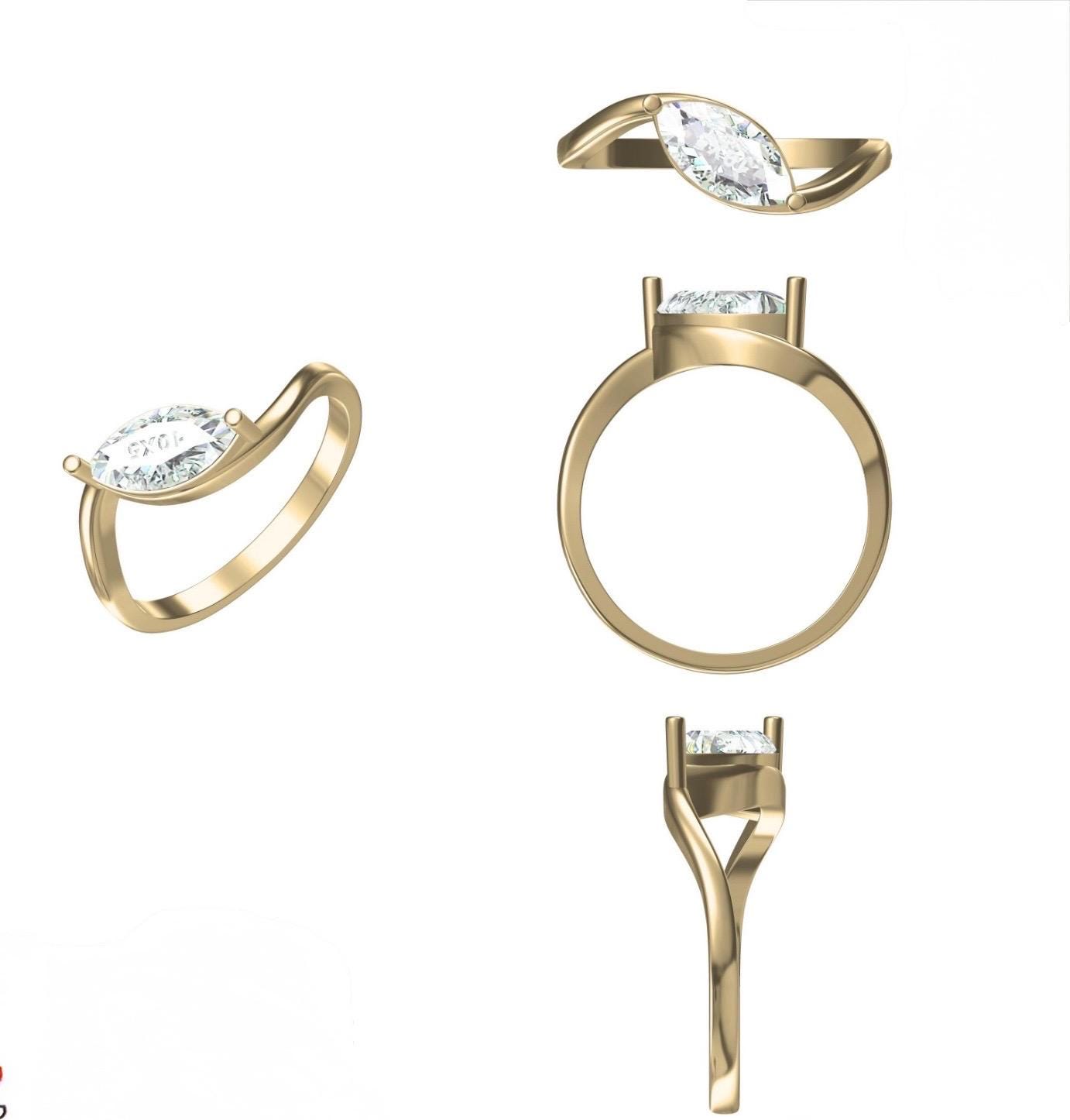 1CT Marquise Lab Grown Diamond Ring: 14K Gold Bypass Engagement Ring