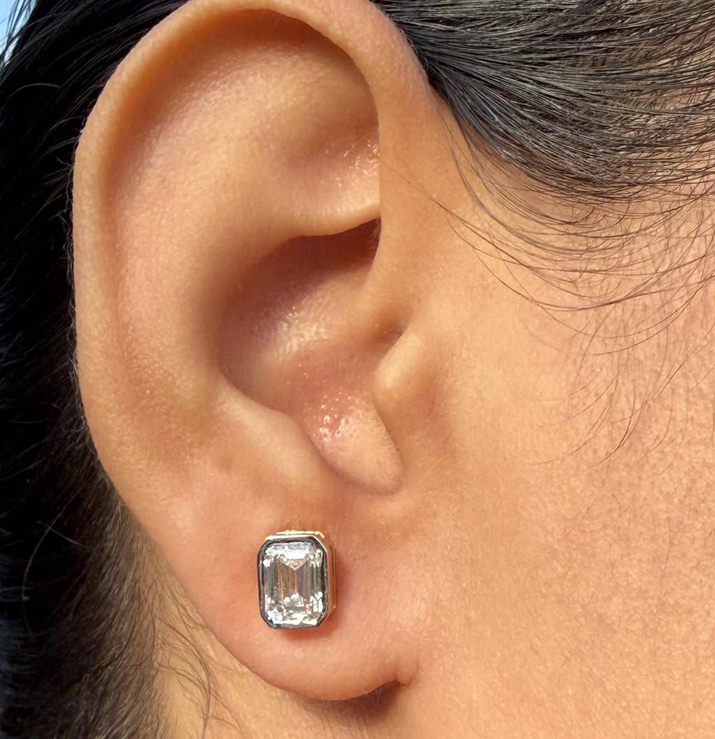 2.00ctw Emerald Cut Lab Grown Diamond Studs: 14K Gold Bezel Earrings