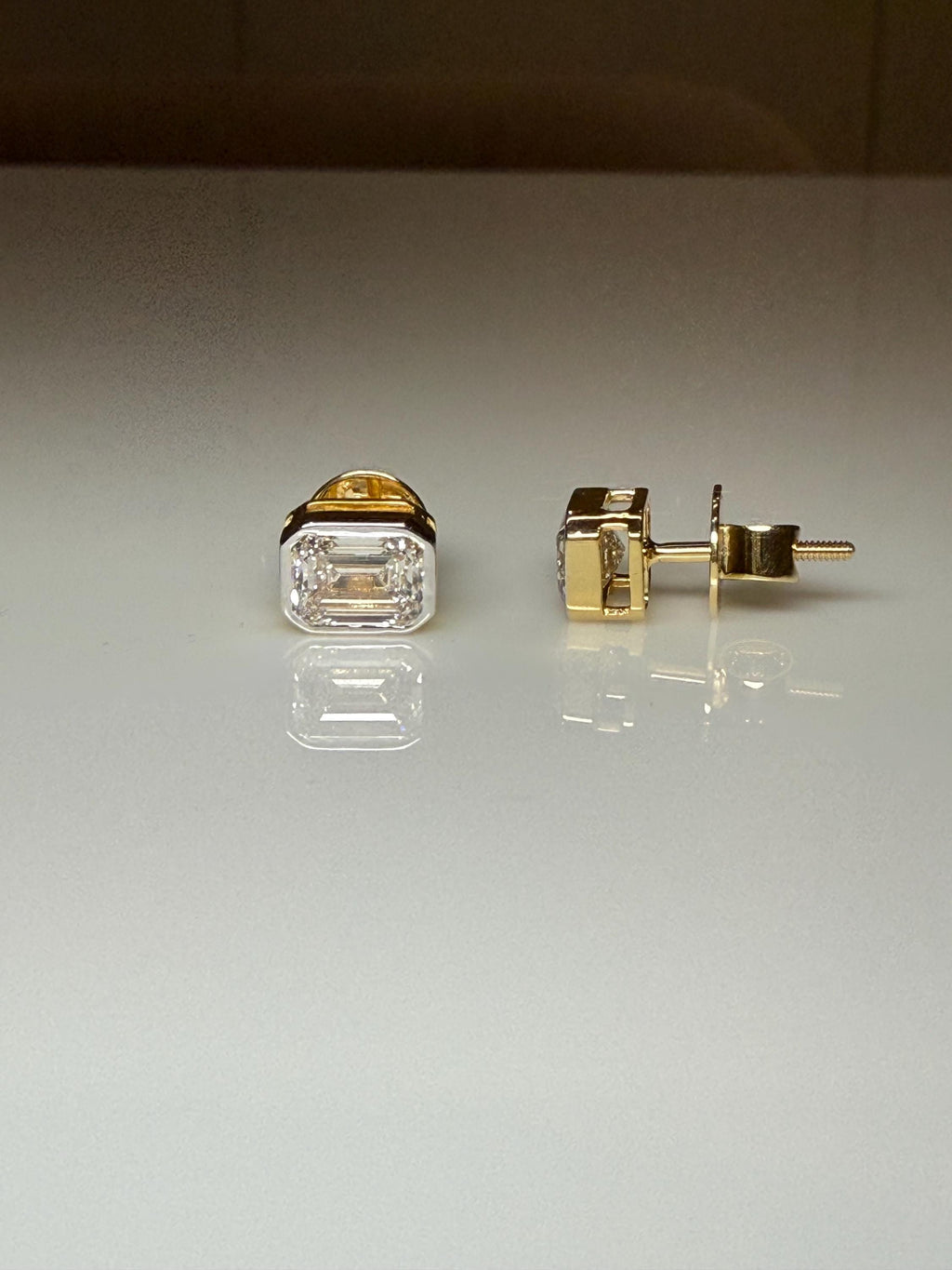 2.00ctw Emerald Cut Lab Grown Diamond Studs: 14K Gold Bezel Earrings