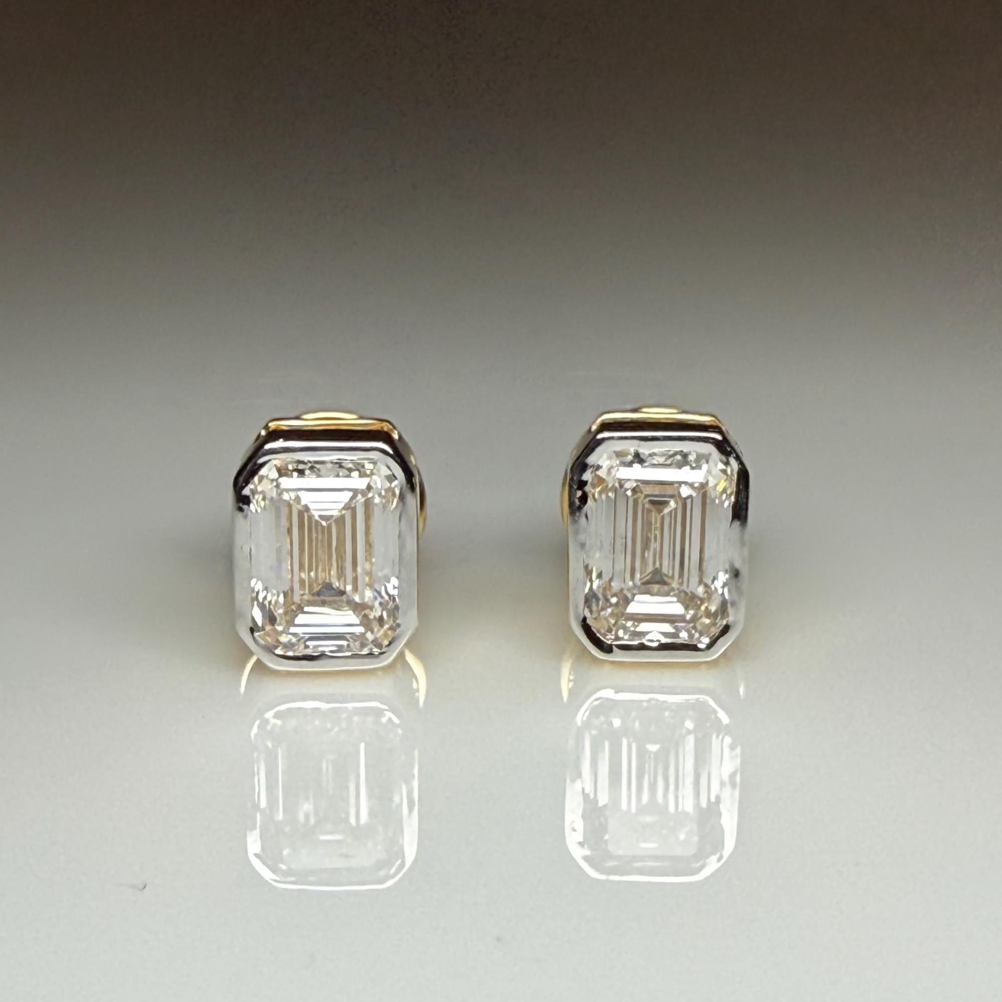 2.00ctw Emerald Cut Lab Grown Diamond Studs: 14K Gold Bezel Earrings