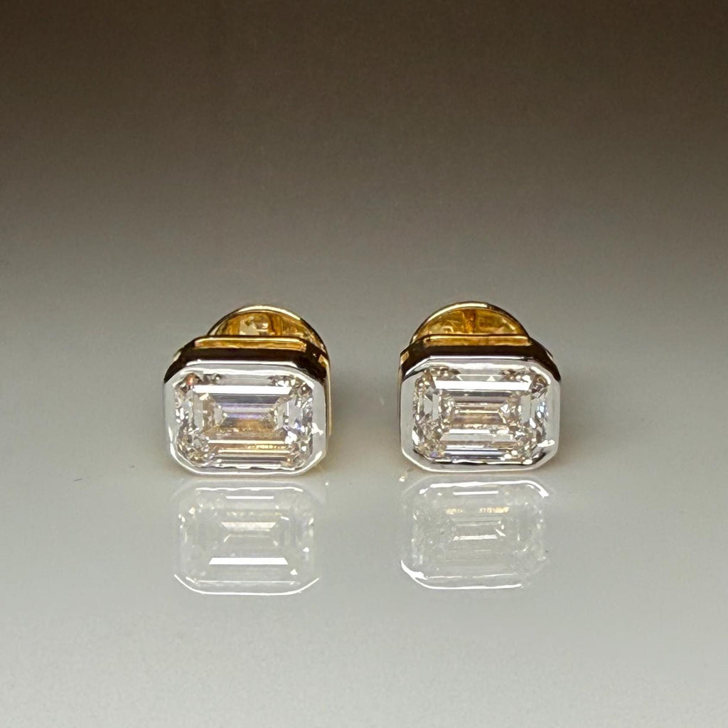 2.00ctw Emerald Cut Lab Grown Diamond Studs: 14K Gold Bezel Earrings
