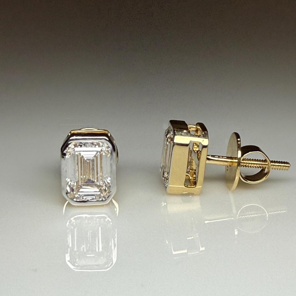 2.00ctw Emerald Cut Lab Grown Diamond Studs: 14K Gold Bezel Earrings