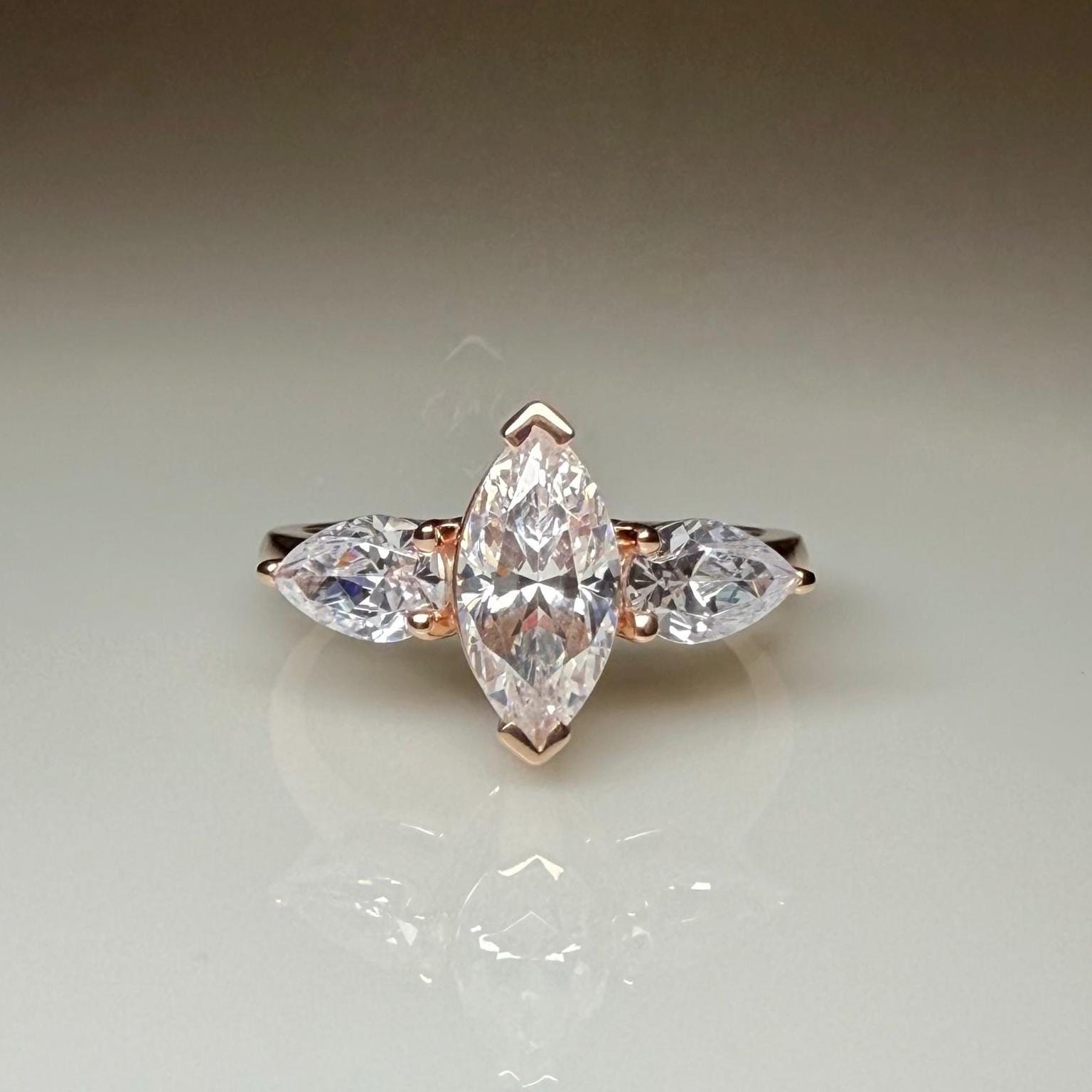 Marquise Lab Grown Diamond Three Stone 14K Gold Engagement Ring