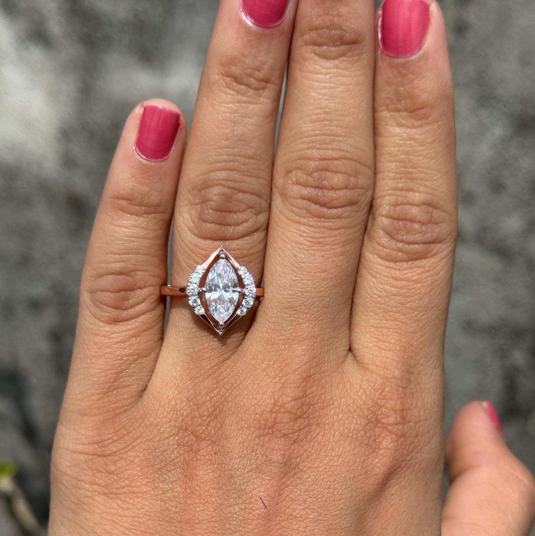 Marquise Lab Grown Diamond Engagement Ring: 14K Gold Halo Design, IGI Certified