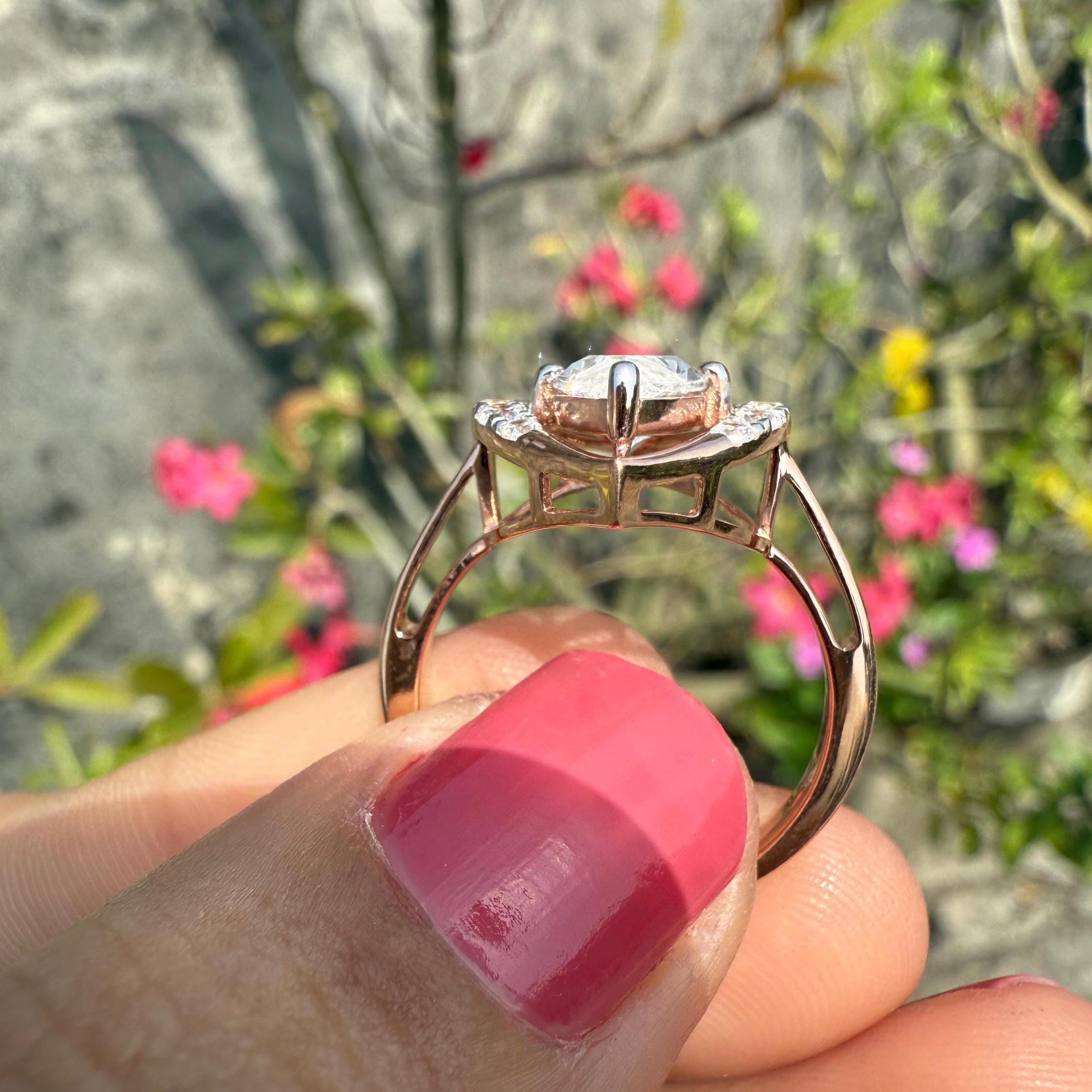 Marquise Lab Grown Diamond Engagement Ring: 14K Gold Halo Design, IGI Certified
