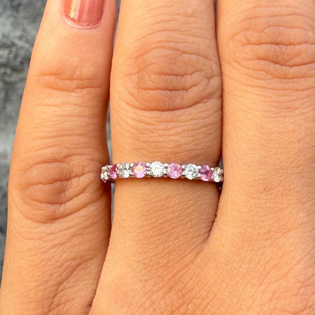 Lab Grown Diamond & Pink Sapphire Wedding Band - 14K Gold Eternity Ring