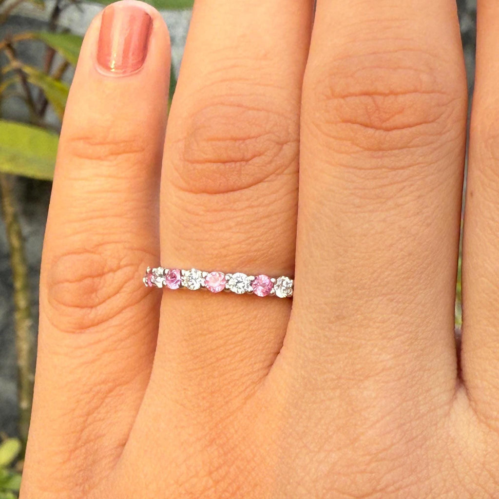 Lab Grown Diamond & Pink Sapphire Wedding Band - 14K Gold Eternity Ring