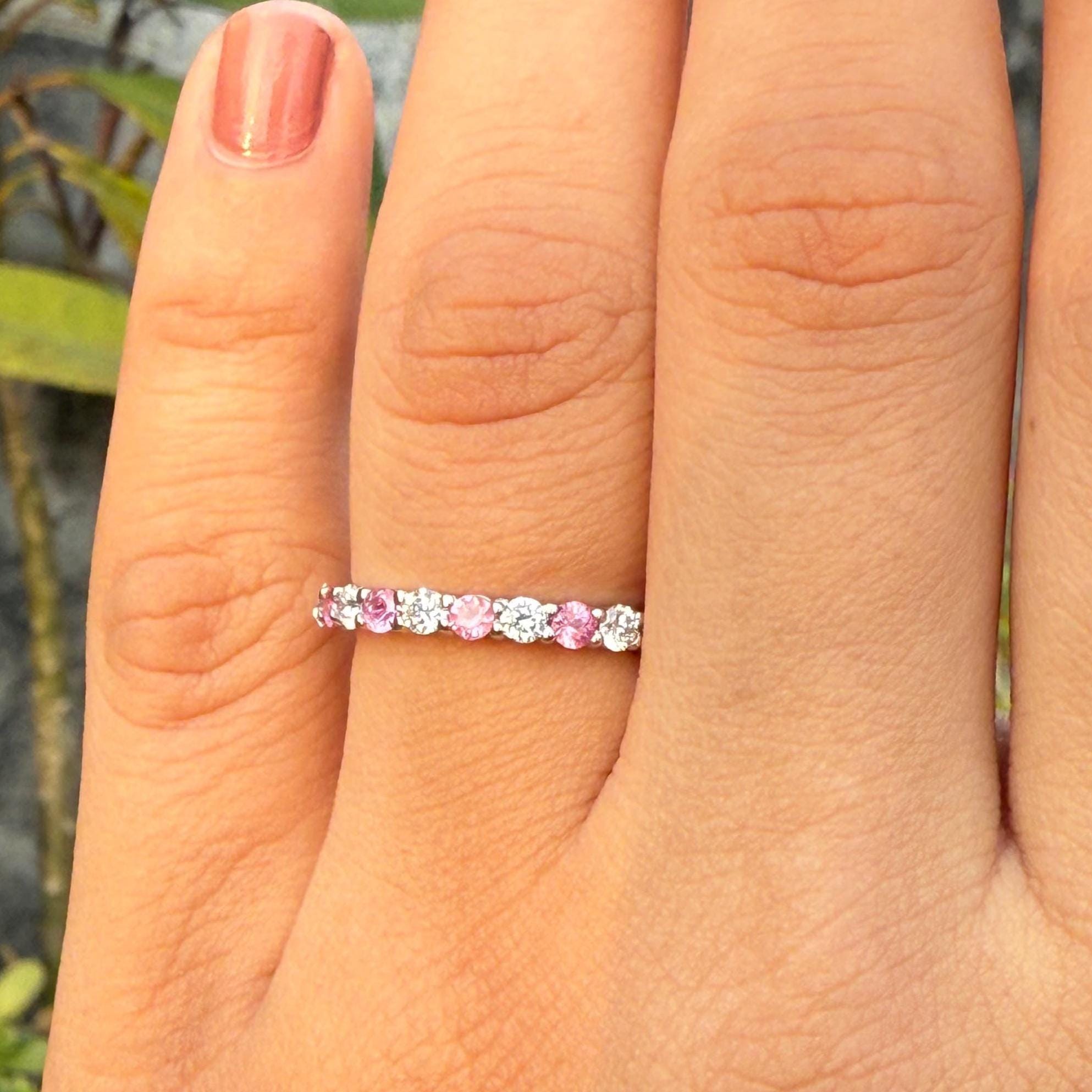 Lab Grown Diamond & Pink Sapphire Wedding Band - 14K Gold Eternity Ring