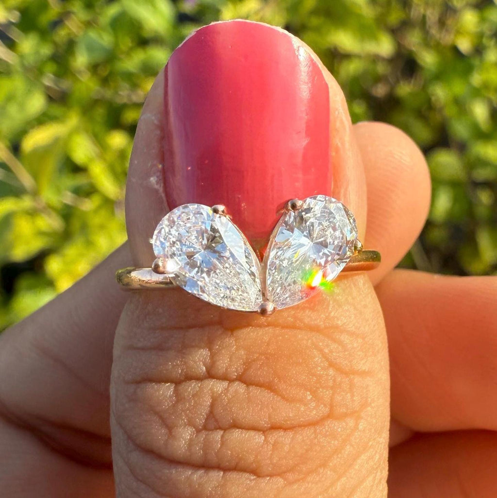 Lab Grown Diamond Toi et Moi Ring: 14K Gold Pear Cut Heart Engagement Ring