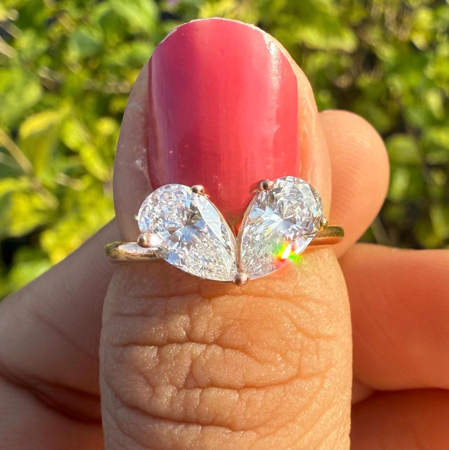 Lab Grown Diamond Toi et Moi Ring: 14K Gold Pear Cut Heart Engagement Ring