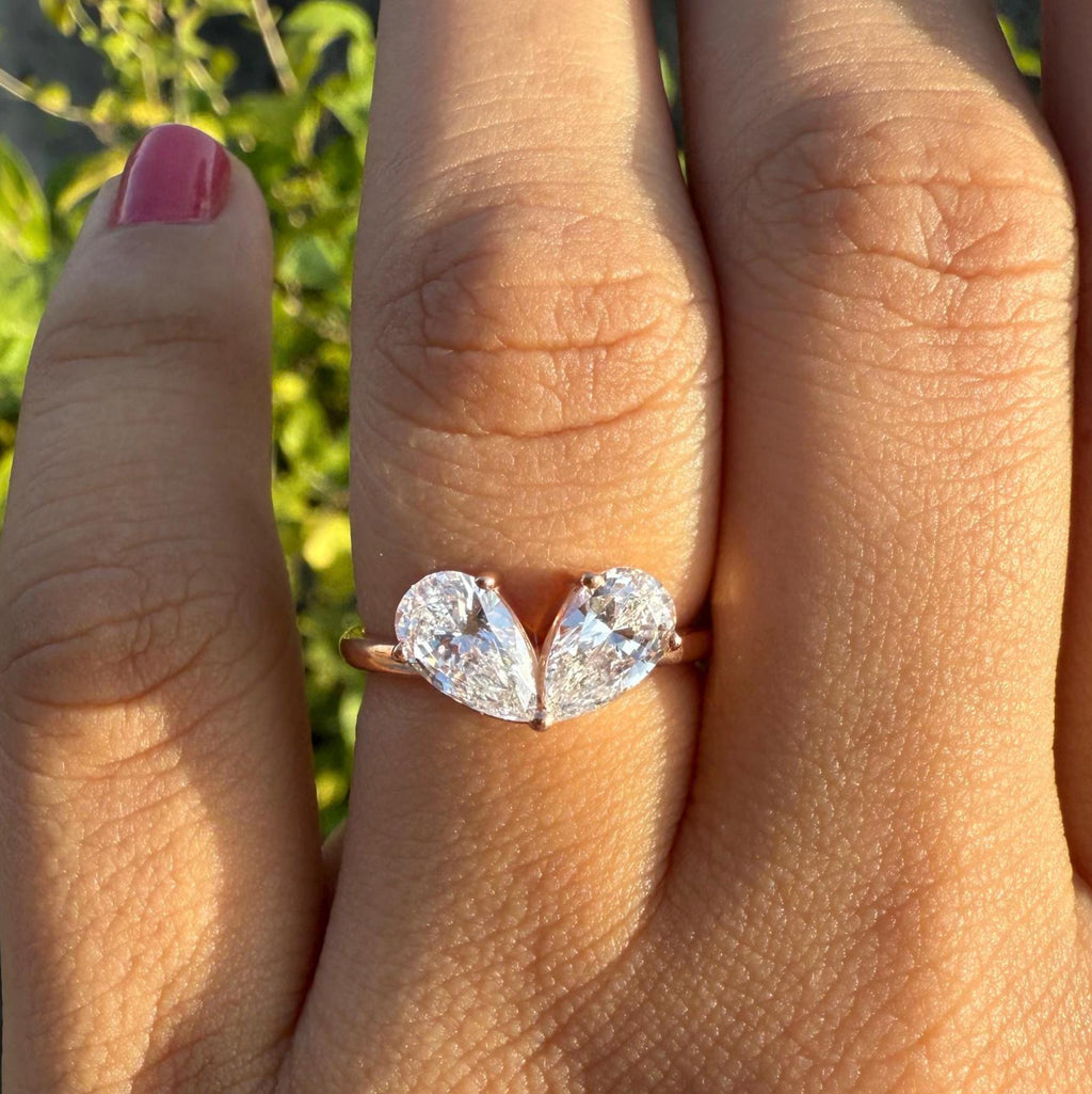 Lab Grown Diamond Toi et Moi Ring: 14K Gold Pear Cut Heart Engagement Ring