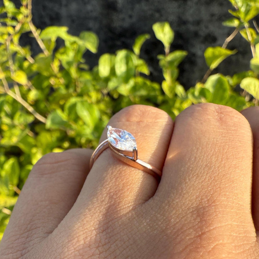 1CT Marquise Lab Grown Diamond Ring: 14K Gold Bypass Engagement Ring