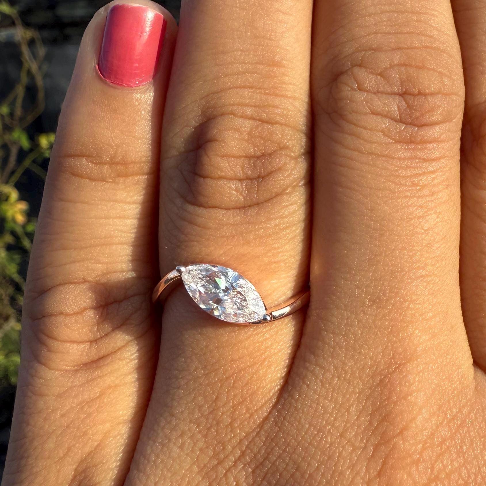 1CT Marquise Lab Grown Diamond Ring: 14K Gold Bypass Engagement Ring