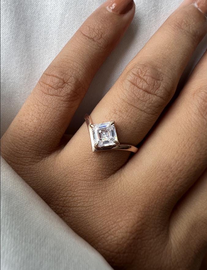 Asscher Cut Lab Grown Diamond Ring: 14K Gold V-Shank Solitaire, IGI Certified