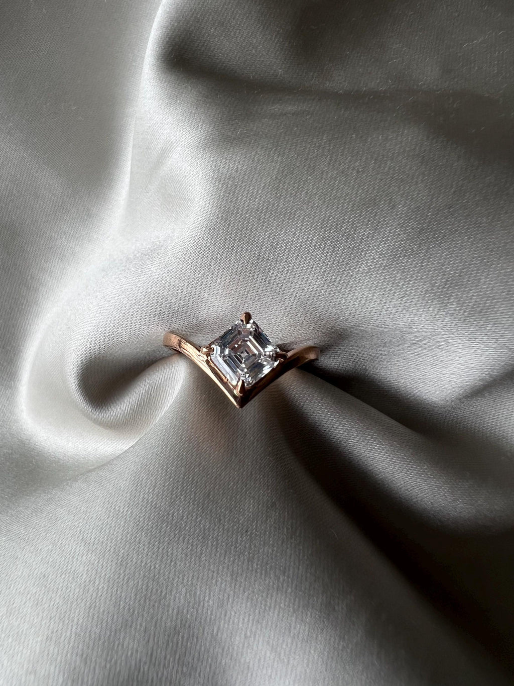 Asscher Cut Lab Grown Diamond Ring: 14K Gold V-Shank Solitaire, IGI Certified