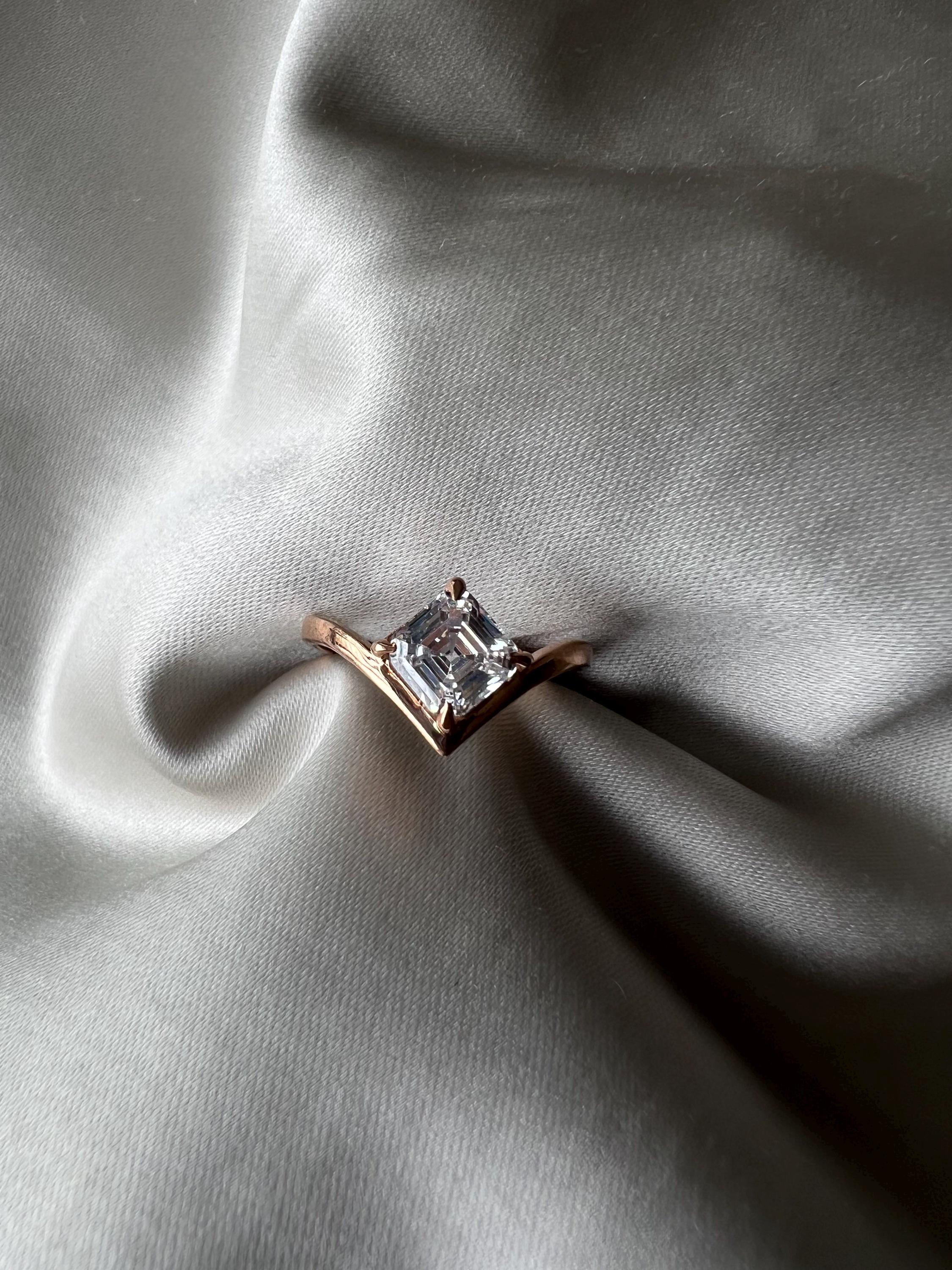 Asscher Cut Lab Grown Diamond Ring: 14K Gold V-Shank Solitaire, IGI Certified