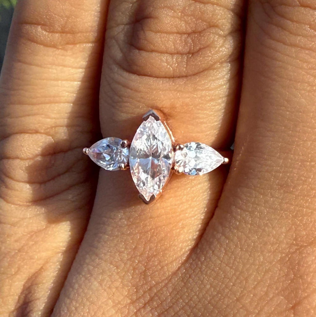 Marquise Lab Grown Diamond Three Stone 14K Gold Engagement Ring