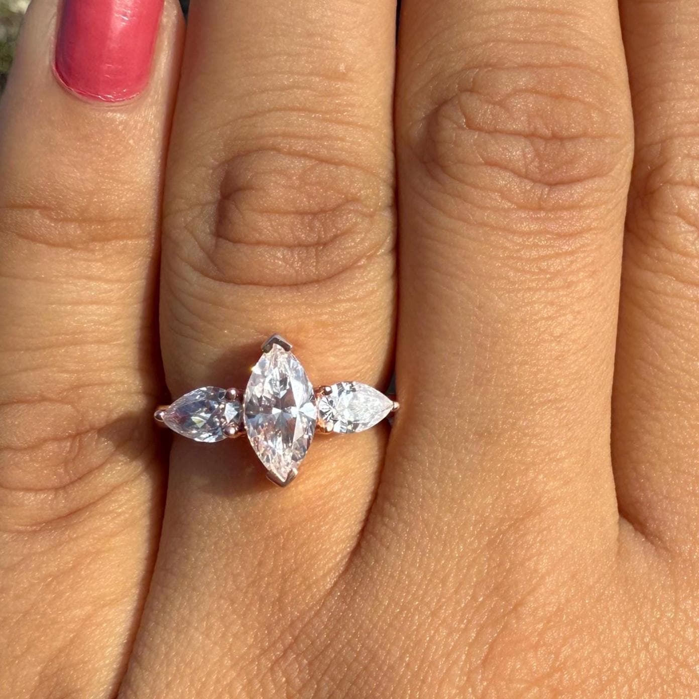 Marquise Lab Grown Diamond Three Stone 14K Gold Engagement Ring