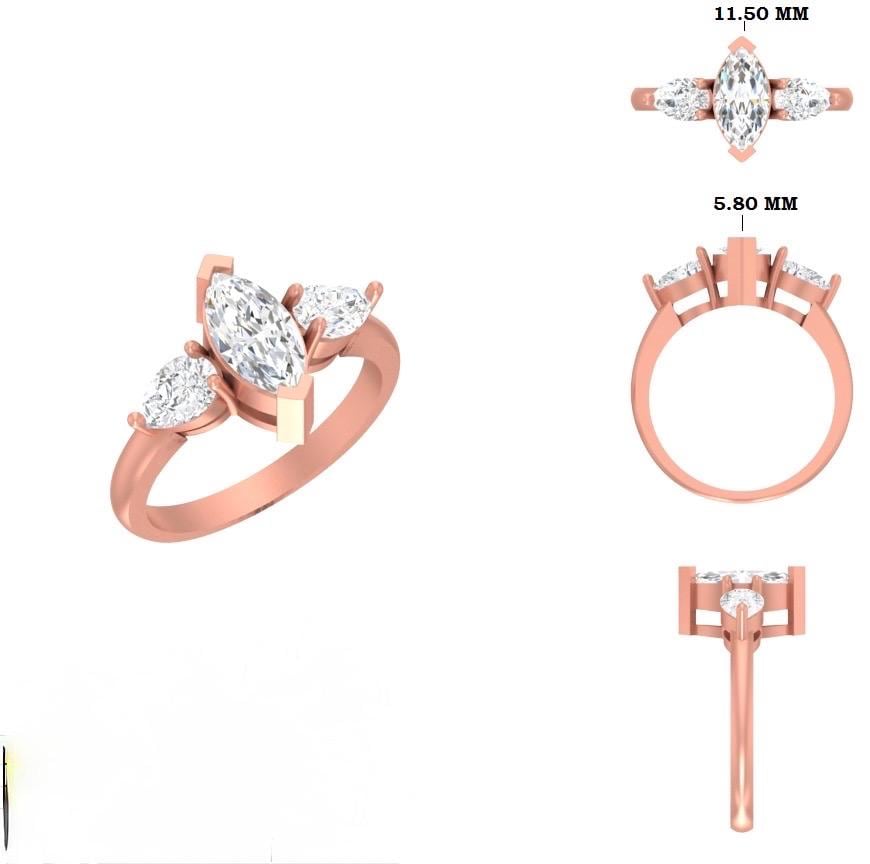Marquise Lab Grown Diamond Three Stone 14K Gold Engagement Ring