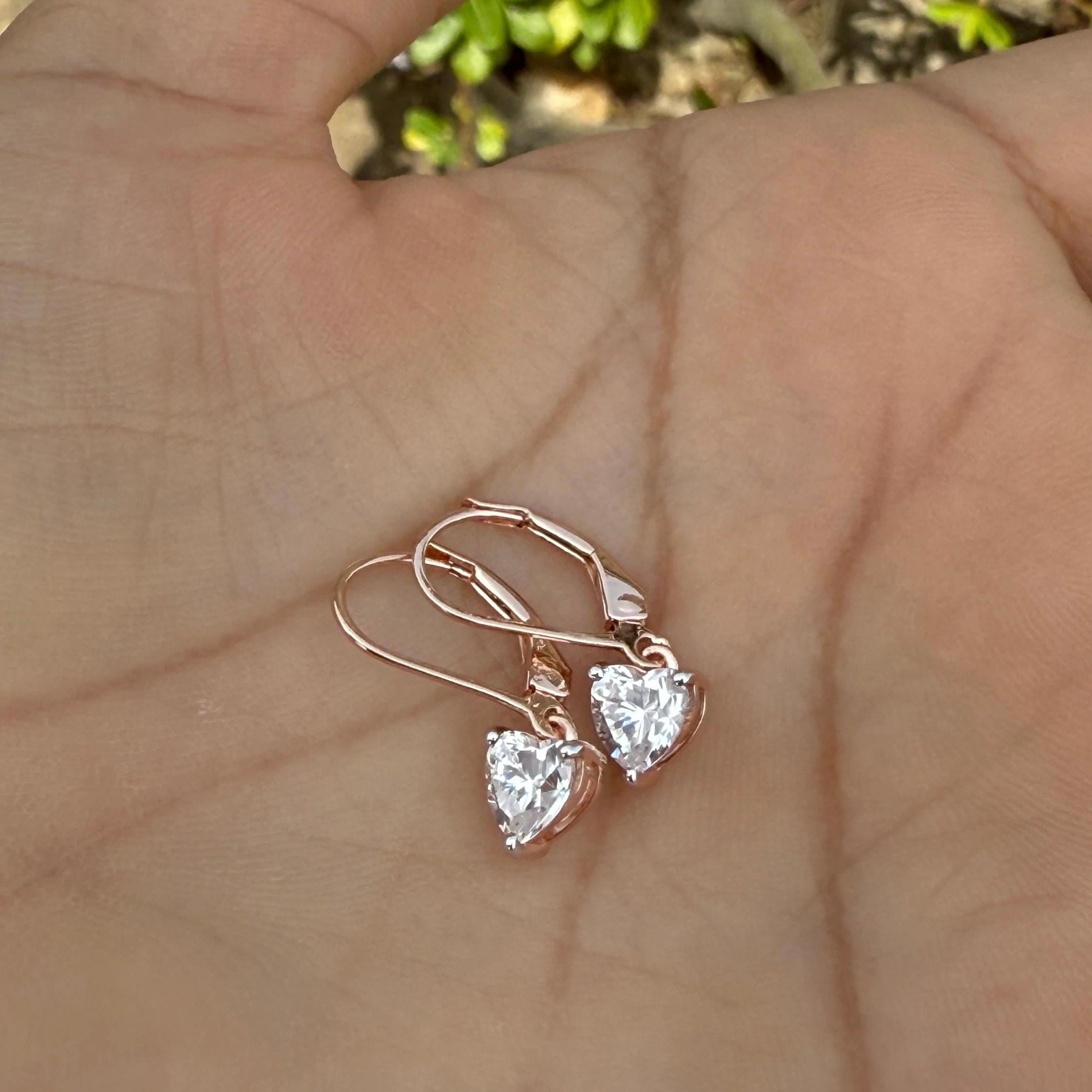 14K Solid Gold Heart Lab Grown Diamond Dangle Earrings: IGI Certified