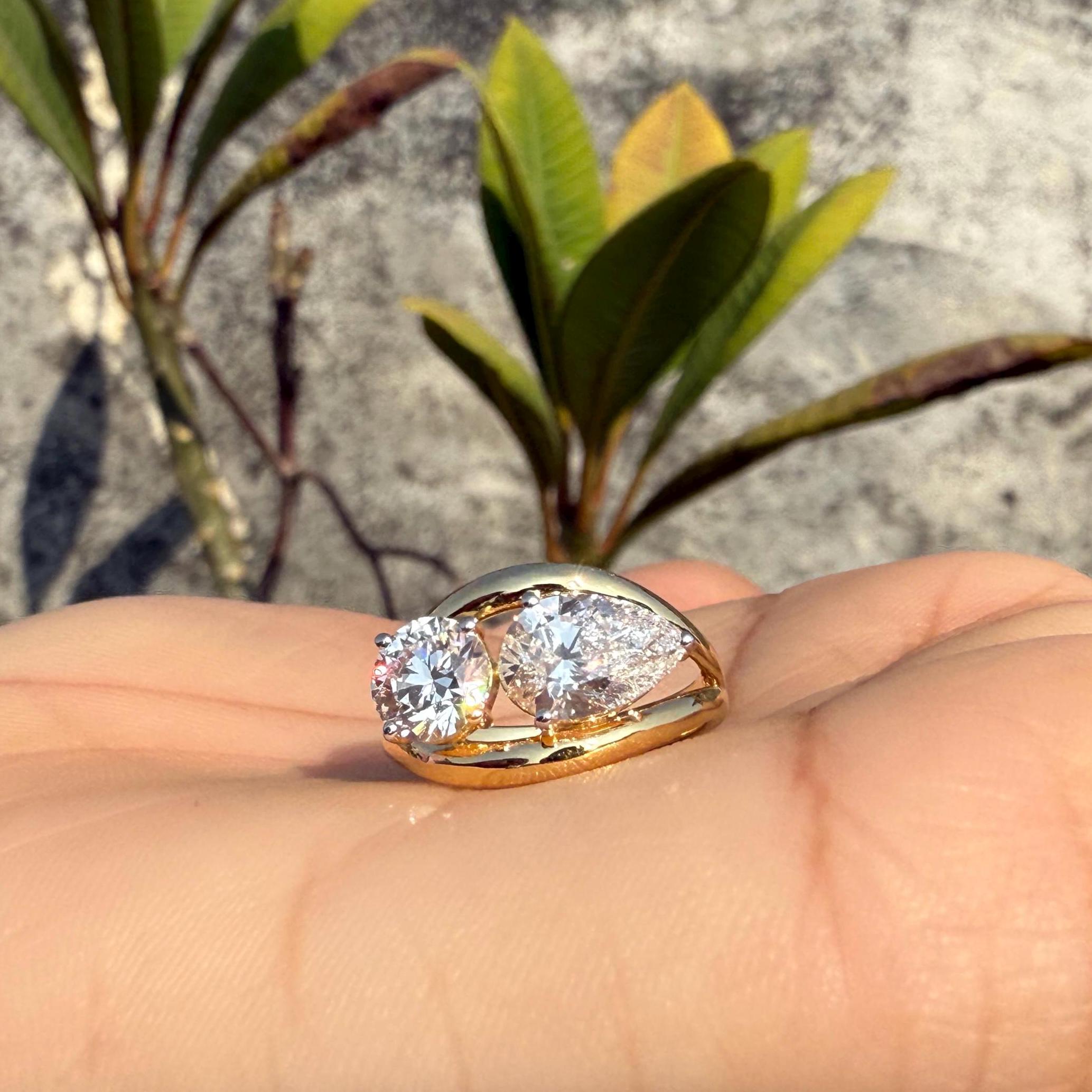 Lab Grown Diamond Toi et Moi Ring | 14K Gold Round & Pear Engagement Ring