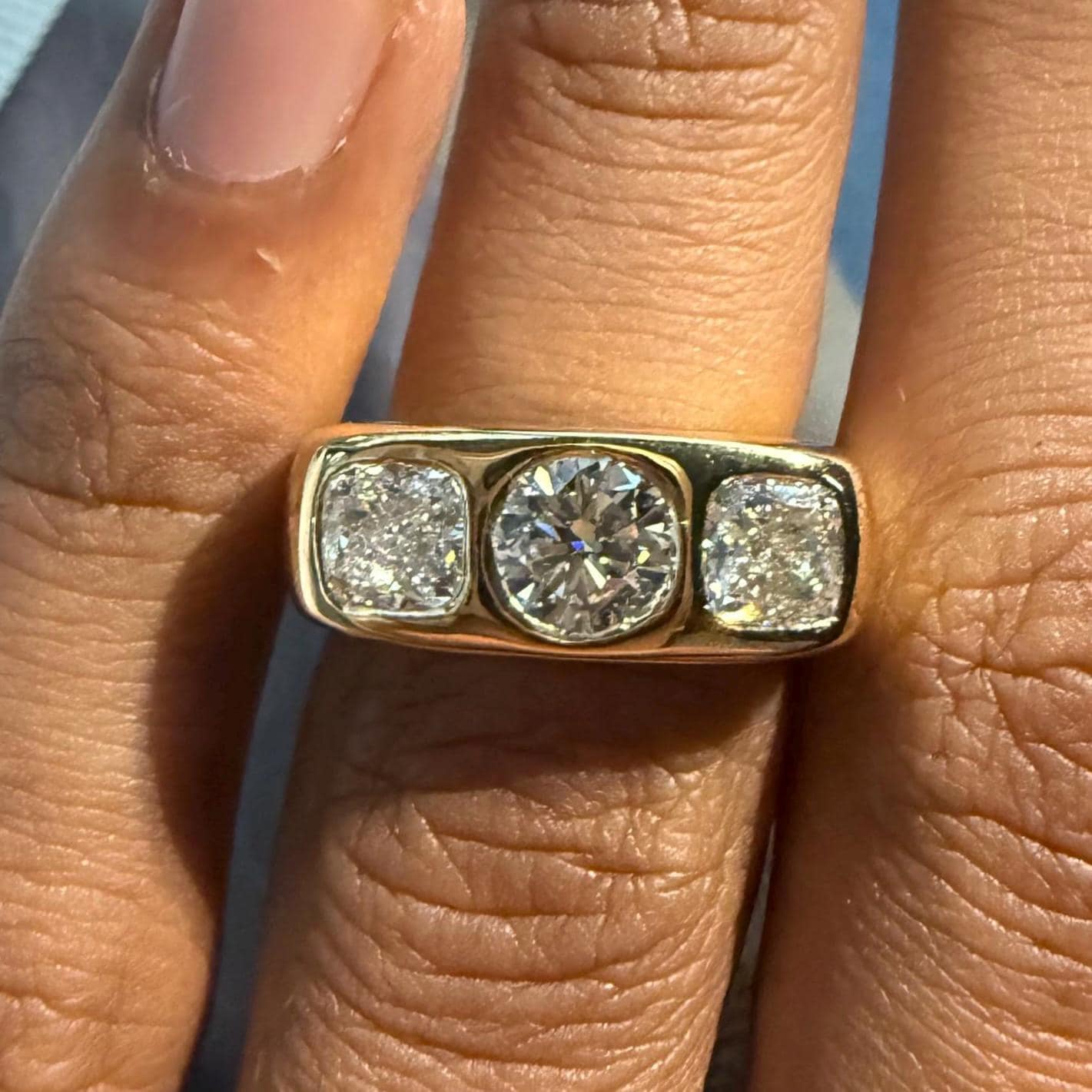 14K Gold Lab Grown Diamond Three Stone Ring | Modern Wide Band