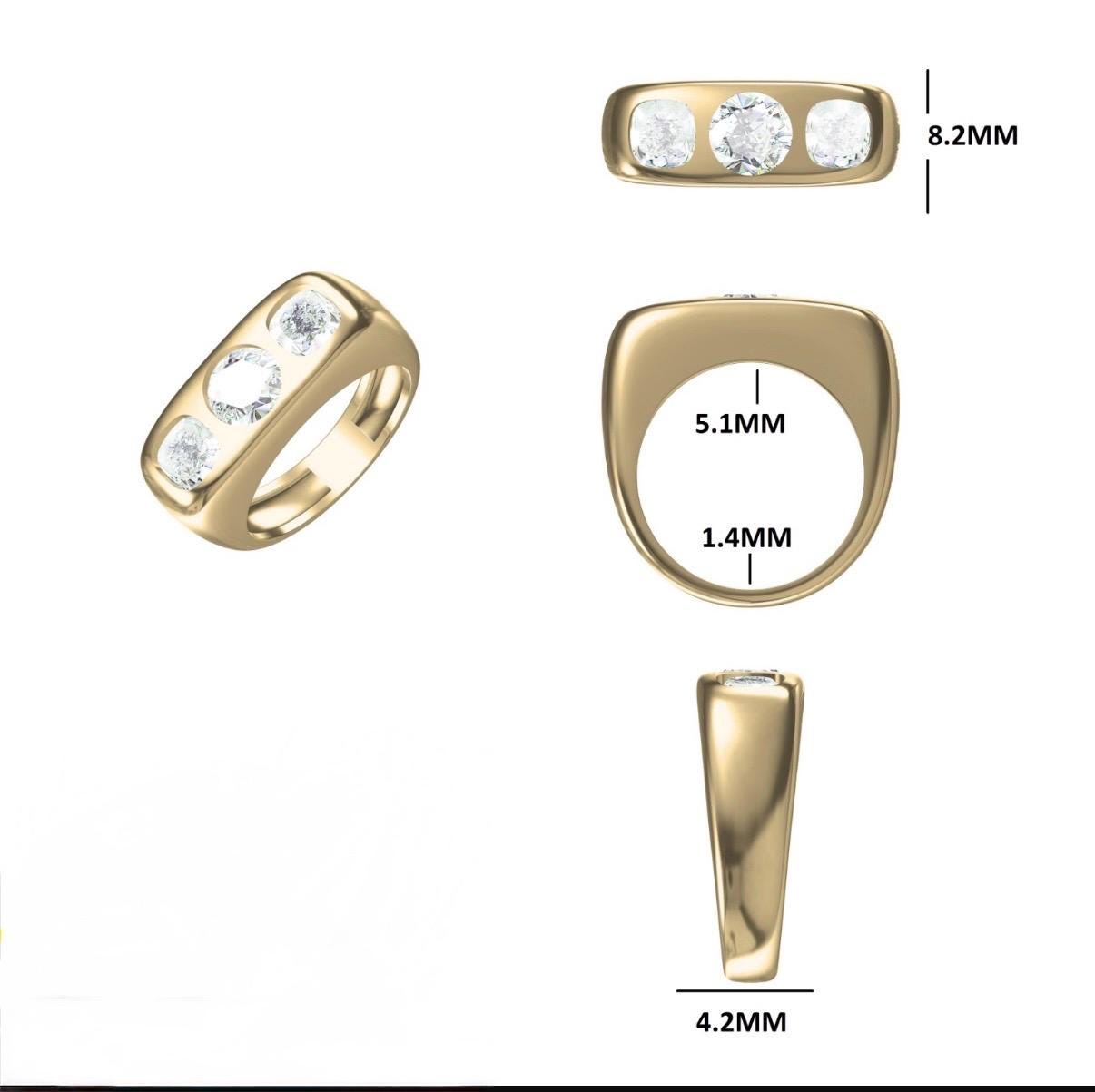 14K Gold Lab Grown Diamond Three Stone Ring | Modern Wide Band